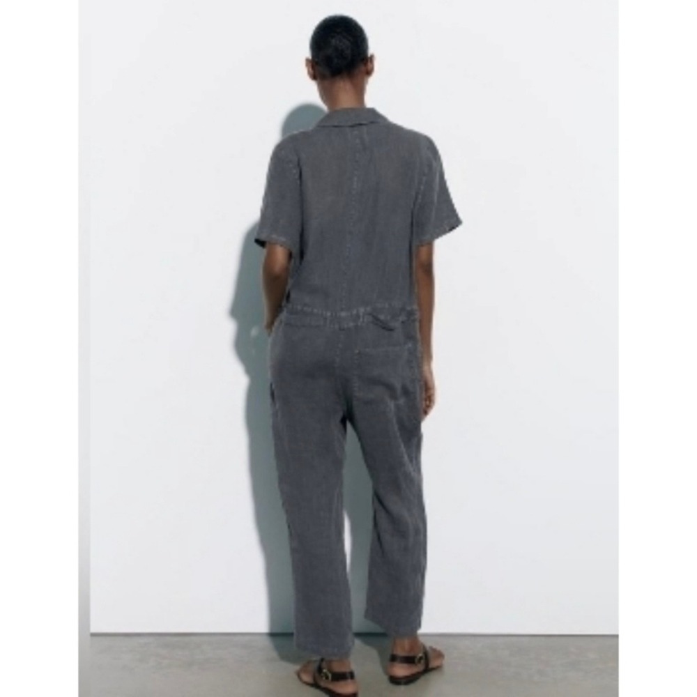 Zara Jumpsuit Women Extra Small Gray Utility 100% Linen Short Sleeve Button Up - Picture 3 of 16